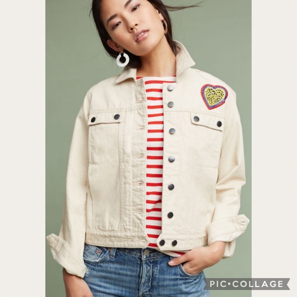 :Price Firm: Anthro Maison Labiche Embroidered Heart Denim Jacket in Cream - Picture 2 of 10